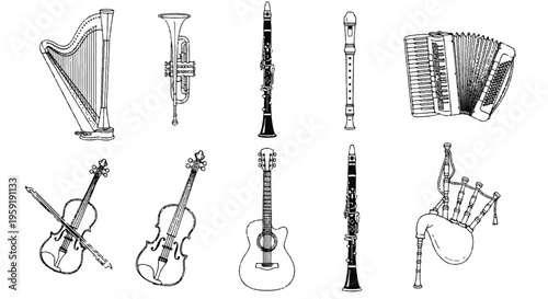 Musical instruments collection featuring harp trumpet clarinet flute accordion violin guitar and bagpipes in line