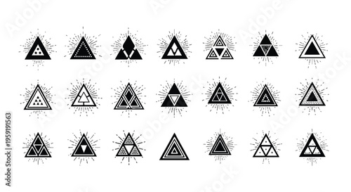 Set of eighteen black and white geometric triangle emblems with sunburst rays in a vintage tattoo or mystical style