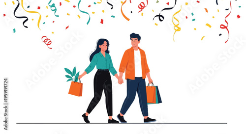Happy couple walking together holding shopping bags with colorful confetti falling from above on a clean white background