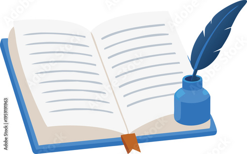 An open book with a blue inkwell and feather quill