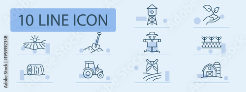 Agriculture set icon. Field, shovel, scarecrow, seedlings, hay, tractor, windmill, barn, tower, sprout, farming, rural, harvest, cultivation, countryside, organic