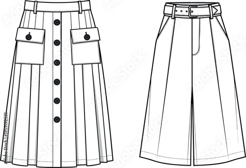 Vector Fashion Flat Sketch of Women's Button Front Pleated Skirt and High Waisted Belted Culottes Wide Leg Trousers Technical Illustration