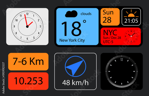 Modern smartwatch interface set with various widgets including analog clock, weather for NYC, GPS navigation, and fitness tracker