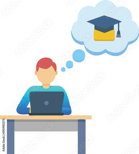 Student dreaming of graduation while working on a laptop