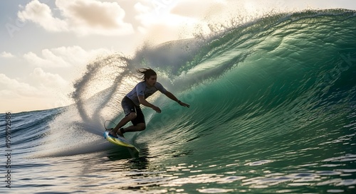 Surfer riding ocean wave against sky background water sport action