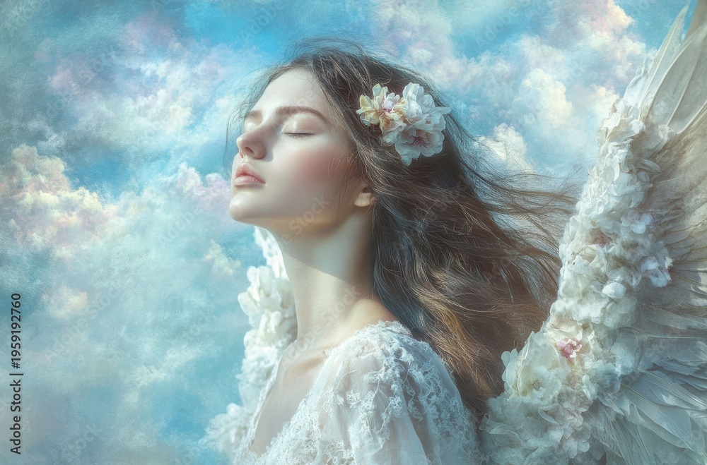 Naklejka premium An angel sits serenely on a cloud, bathed in morning light as a gentle breeze carries whispers of celestial grace.