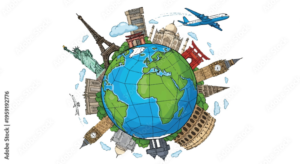Naklejka premium Hand drawn of planet earth surrounded by famous landmarks and a passenger airplane for travel theme globe