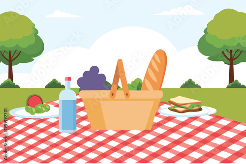 A delightful picnic spread with a basket and tasty treats