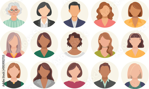 Diverse faceless avatar collection featuring men and women portraits in circular frames, modern flat style user profile icons set for social media and apps