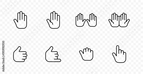 Hand gesture set icon. Open palm, stop sign, teamwork clap, double hand, like gesture, dislike sign, tap action, pointer control