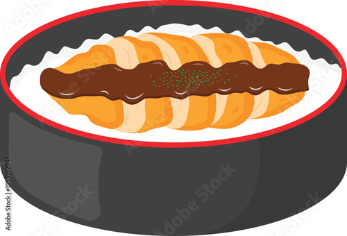 Japanese Rice Bowl Chicken Katsu with Sauce and Seaweed Powder Flat Illustration. Clean Icon Design Element Isolated on White Background