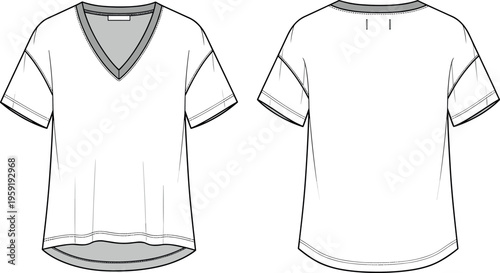 Technical Fashion Flat Sketch of Women's V-Neck Drop Shoulder Oversized T-Shirt with Curved High-Low Hem Front and Back View Vector.