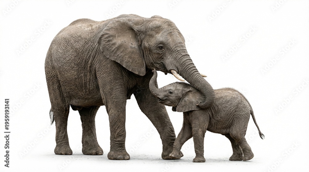 Obraz premium Baby Elephant Playing with Mother Elephant on White Background with Soft Shadows, Ultra Realistic 8K
