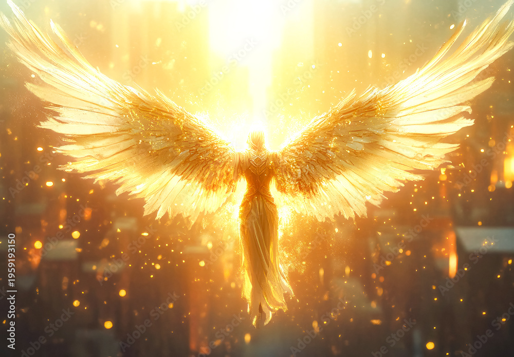 Naklejka premium An angel sits serenely on a cloud, bathed in morning light as a gentle breeze carries whispers of celestial grace.