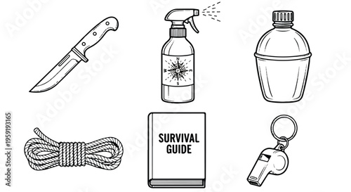 Survival gear collection including a knife spray bottle canteen rope survival guide and whistle in black line