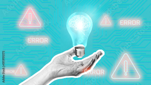 Konstfotografi Light bulb in hand with brain symbol and error signs on blue background