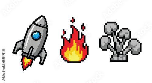 Pixel set featuring a silver rocket ship launching fire flames and a cluster of grey mushrooms in a retro style