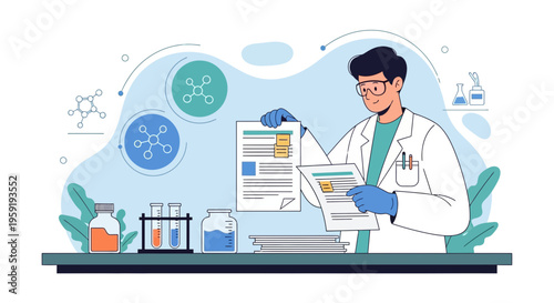 Scientist Analyzing Research Papers in Laboratory with Molecular Structures