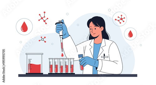 Scientist conducts blood test in laboratory, using pipette and test tubes