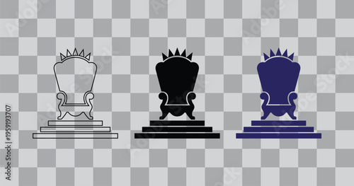 Regal Throne Icons Set: Crowned Chairs in Outline, Black, and Blue on Transparent Background