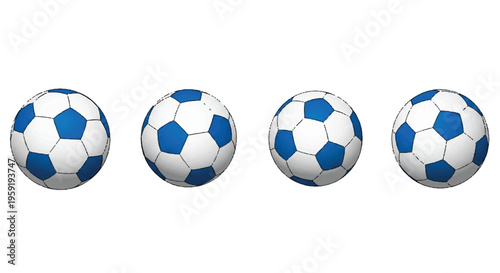 Four blue and white soccer balls arranged in a horizontal row isolated on a white background for sports concepts