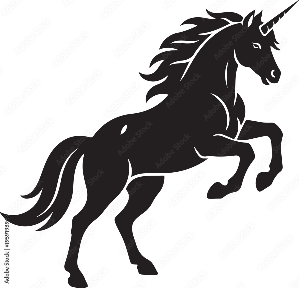 Fototapeta premium Unicorn, mythical horse, black silhouette, fantasy creature, vector icon