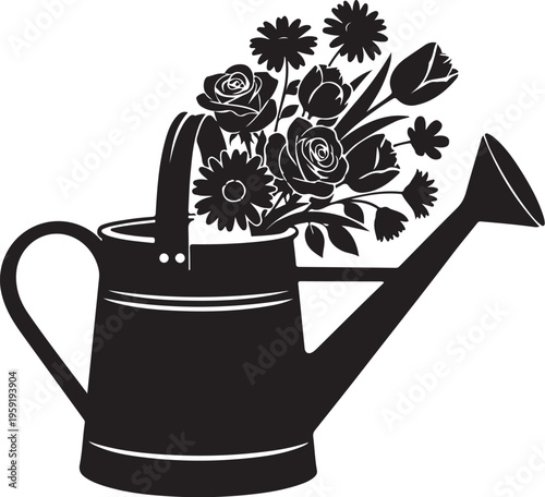 Black silhouette watering can, overflowing with flowers, floral arrangement, garden icon