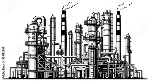 Detailed Illustration of an Industrial Oil Refinery Complex with Smokestacks.