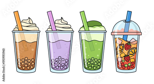 Boba tea drinks, colorful milk tea cups, bubble tea set, four flavors