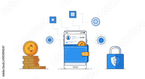 Mobile payment, online banking, finance icons, security symbols, digital wallet graphics