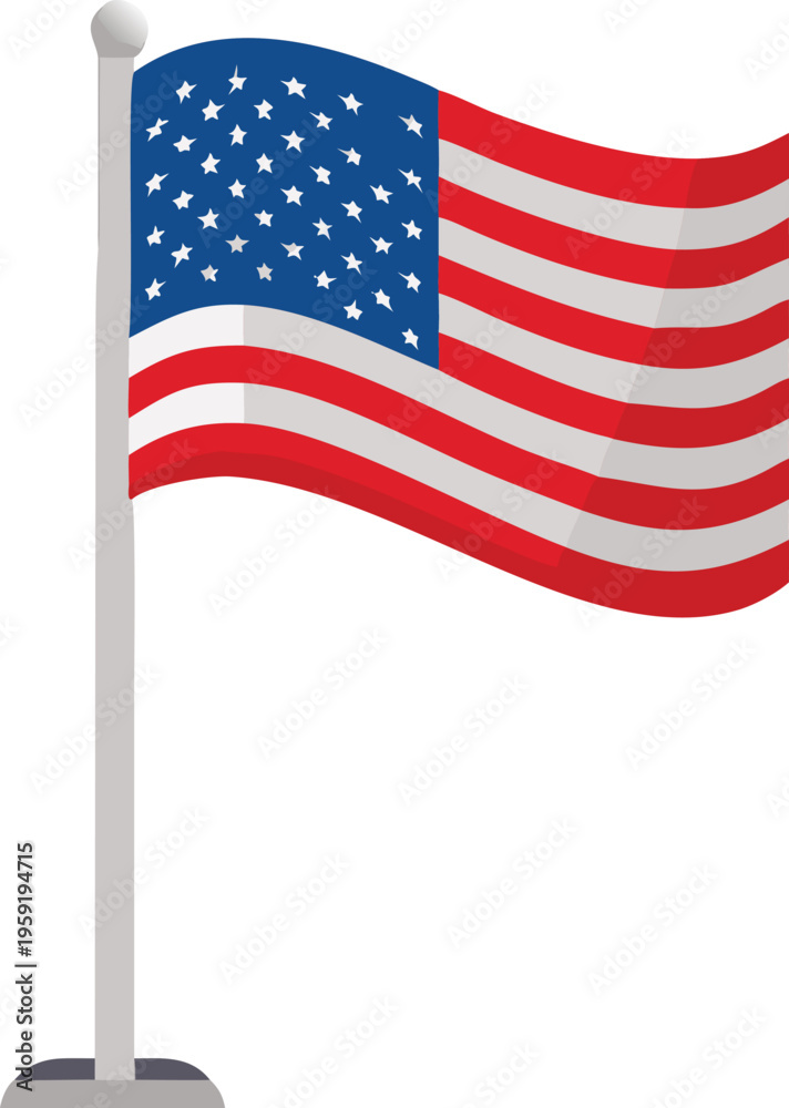 Fototapeta premium Illustration of a waving american flag on a white flagpole