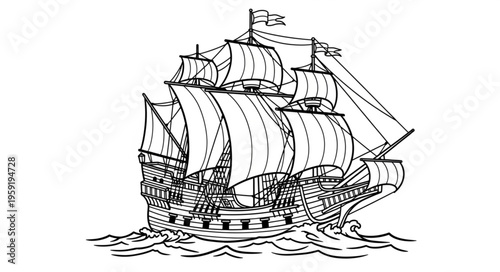Detailed Line Art Depiction of a Classic Sailing Ship.