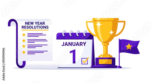 New Year resolutions, goal setting, January 1st, trophy, achievement vector icons