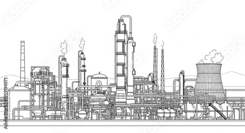 Detailed Line Art Depiction of a Large Industrial Complex.