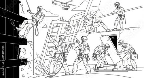 Detailed Line Art Depiction of a Tactical Team in Action.