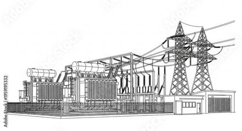 Detailed Line Art Depiction of an Electrical Substation and Power Lines.