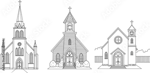 Church Building Vector Set Featuring Traditional Christian Churches in Line Art Style, Religious Architecture Illustration Collection Isolated on White Background