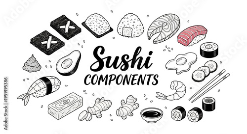 Sushi ingredients and components illustration with various types of sushi rolls sashimi and sushi making tools on white background