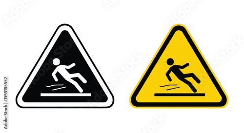 Caution wet floor warning signs with black and yellow triangular frames and stick figure slipping on a wet surface