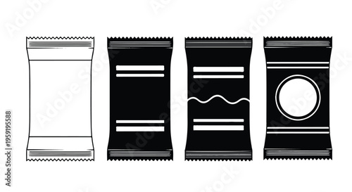 Set of four different snack food packaging wrappers in black and white line and silhouette style set