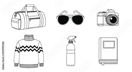 Collection of hand drawn travel accessories and daily essentials including duffel bag sunglasses camera sweater and spray