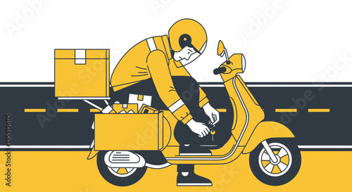 Delivery man on scooter with packages and drinks, fast delivery service concept