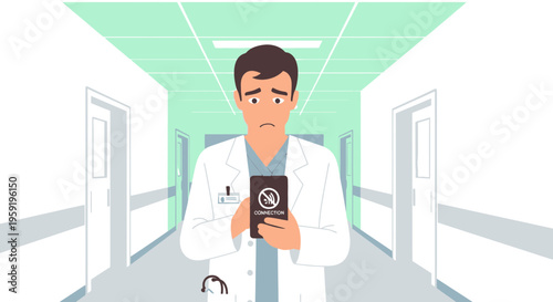 Doctor holding smartphone with no phone sign in hospital hallway, concerned expression