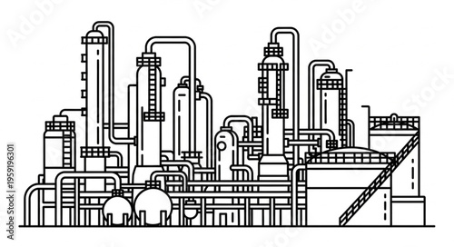 Detailed Line Art Illustration of a Complex Industrial Oil Refinery Plant.