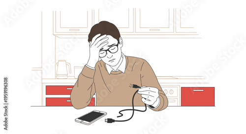 Frustrated man with broken phone charger, concept of technology failure and stress