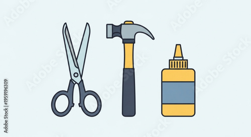 Hand tools for diy projects and home repair including scissors hammer and glue bottle on a light background