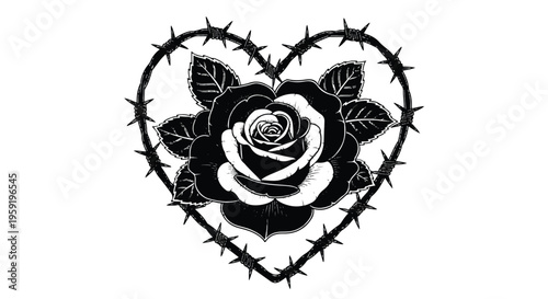 Black and white tattoo style of a rose inside a heart shaped frame made of barbed wire on white background