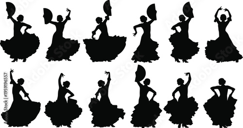 Spanish Flamenco Dancer Silhouette Vector Set, Traditional Female Performers In Ruffled Dresses With Fans, Cultural Dance Poses And Artistic Performance Illustration