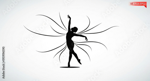 Silhouette of a dancer in dynamic motion with flowing lines expressing freedom and artistry on a white background