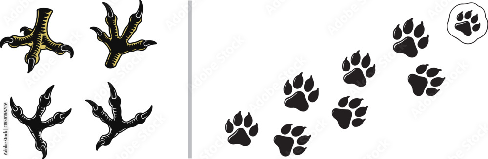 Ταπετσαρία Two sets of hand-drawn animal tracks: bird-like bird feet with sharp talons in yellow and black, and a sequence of mammalian paw prints in dark grey with distinct pad and claw marks